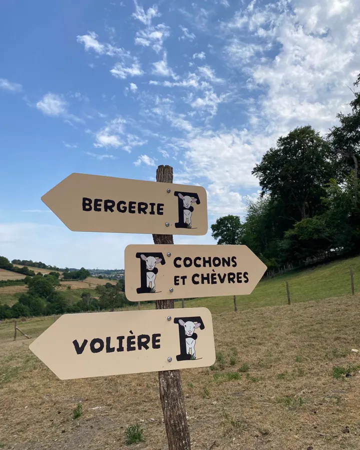 Panneaux du parcours animalier : bergerie, cochons et chèvres, volière