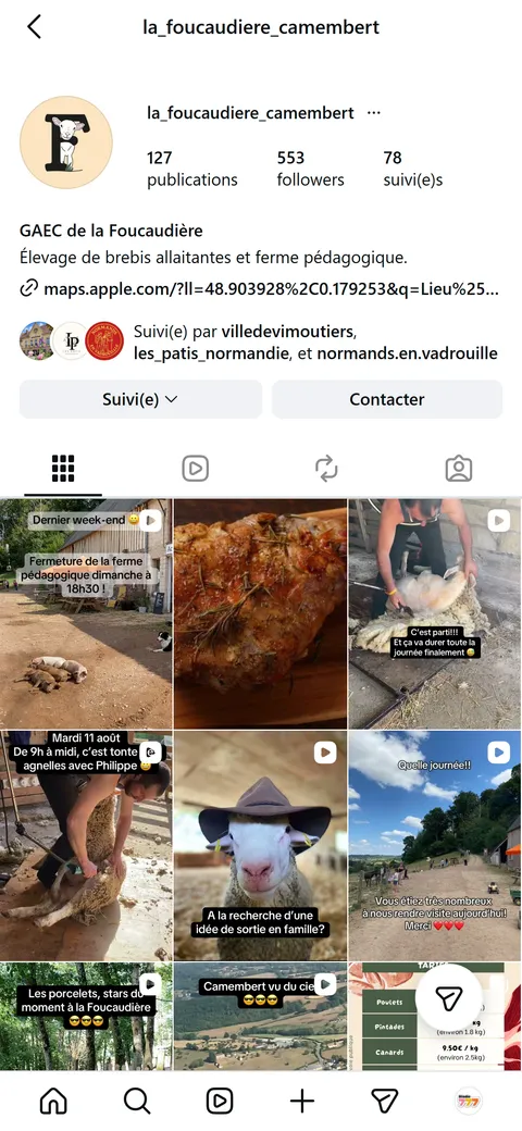 La page Instagram la_foucaudiere_camembert et sa grille de vidéos de la ferme